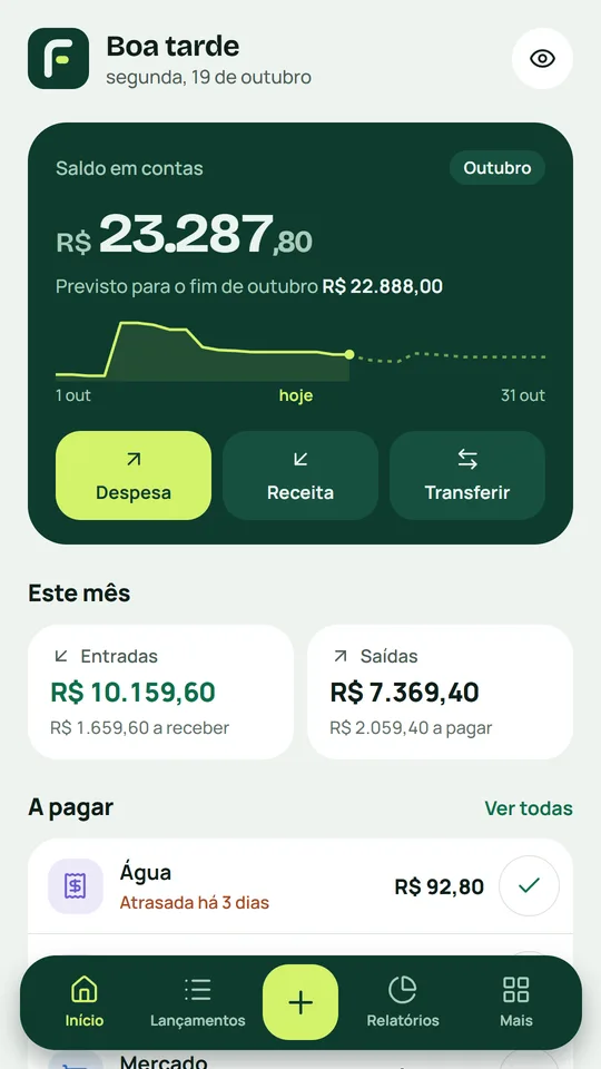 Tela inicial do Finan: saldo em contas, o previsto para o fim do mês e a curva do mês.